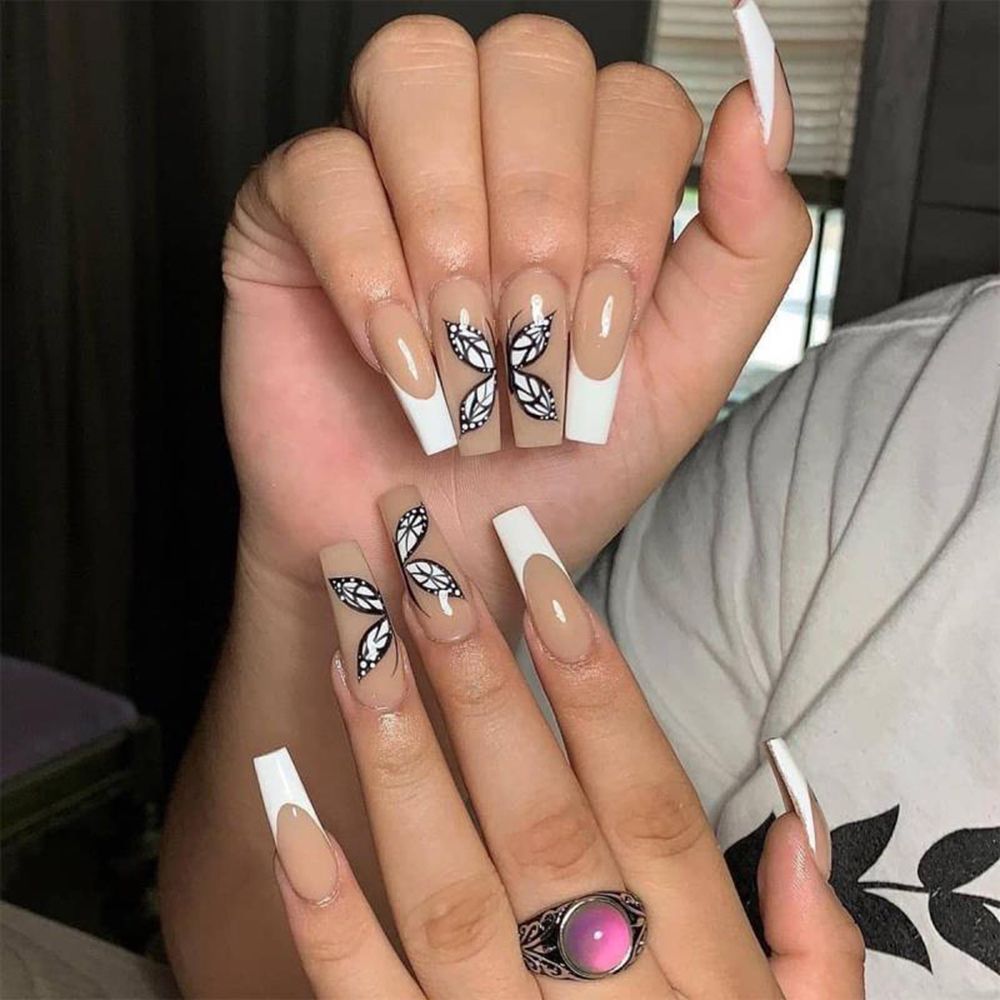 24pcs Detachable Coffin False Nails Chestnut Brown Leopard Butterfly Full Cover Fake Nails DIY Glue Press On Nails Nail Supplies 1398