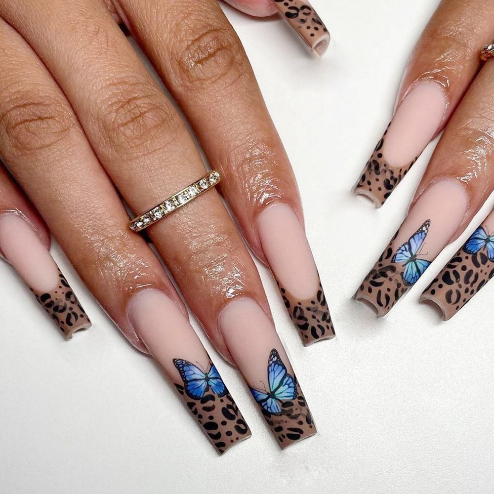 24pcs Detachable Coffin False Nails Chestnut Brown Leopard Butterfly Full Cover Fake Nails DIY Glue Press On Nails Nail Supplies 1417
