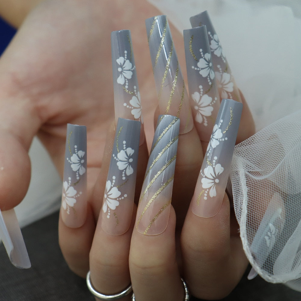 24pcs Detachable XL Ballerina flower artificial nails with designs Full Cover French fake nails set press on diamond false nails YS-168A-001
