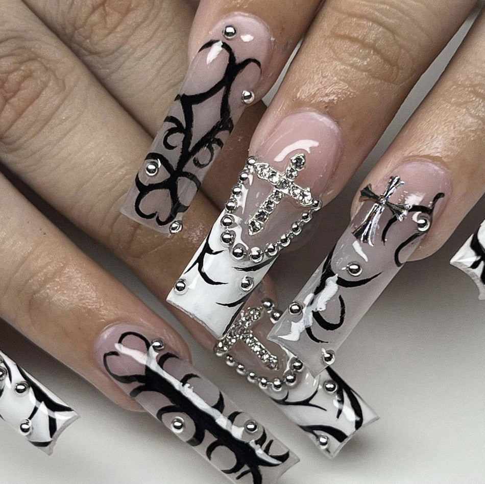 24pcs Detachable XL Ballerina flower artificial nails with designs Full Cover French fake nails set press on diamond false nails 120