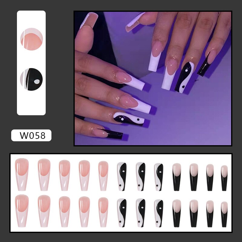 24pcs Douyin 2024 Nail Press on Long Ballet False Nails Extension Tip Reusable Adhesive Y2k Pink Black Sweet Cool Style Manicure W058 French Taiji Gl