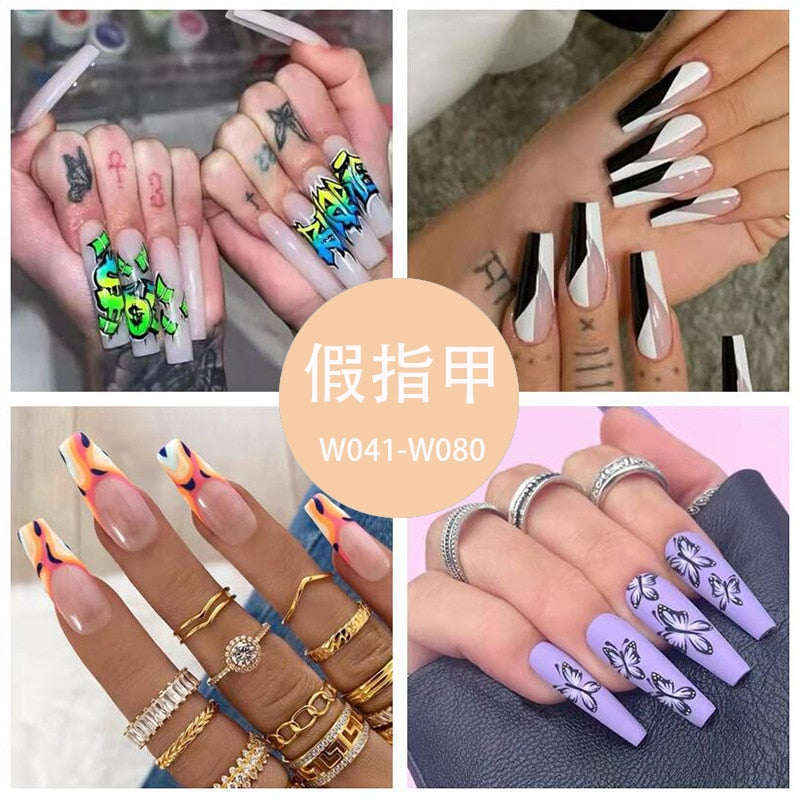 24pcs Douyin 2024 Nail Press on Long Ballet False Nails Extension Tip Reusable Adhesive Y2k Pink Black Sweet Cool Style Manicure