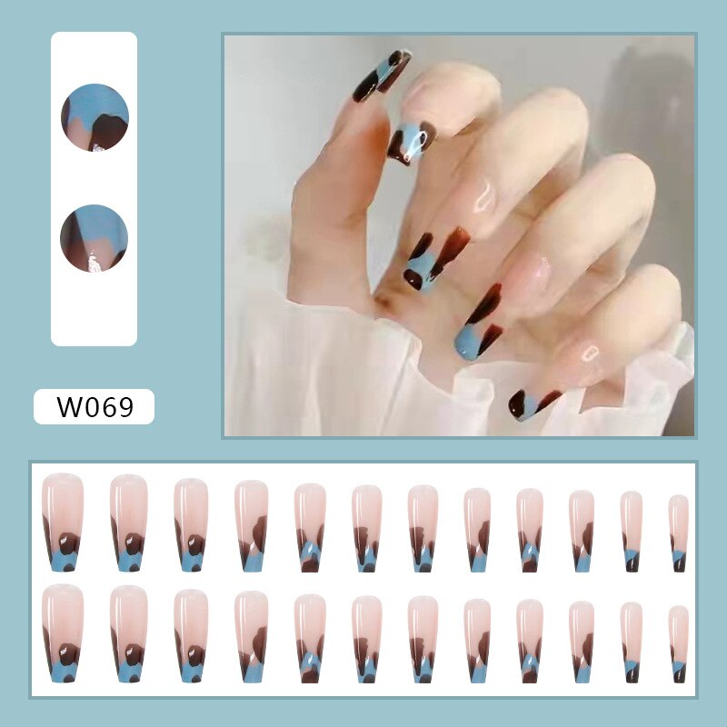 24pcs Douyin 2024 Nail Press on Long Ballet False Nails Extension Tip Reusable Adhesive Y2k Pink Black Sweet Cool Style Manicure W069 Fingertip Leopa