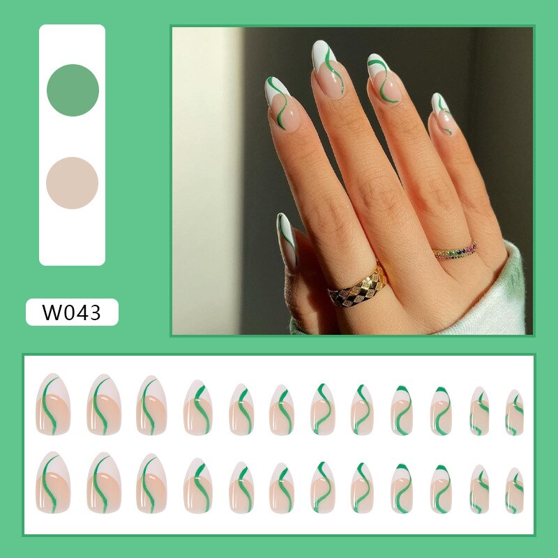24pcs Douyin 2024 Nail Press on Long Ballet False Nails Extension Tip Reusable Adhesive Y2k Pink Black Sweet Cool Style Manicure W043 Green Lines Glu
