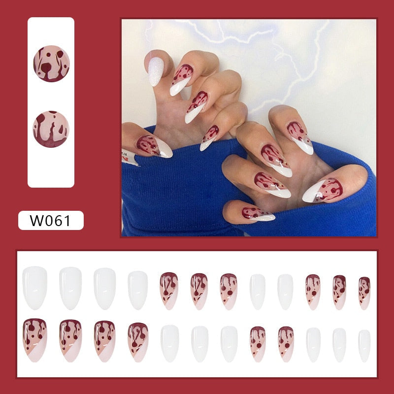 24pcs Douyin 2024 Nail Press on Long Ballet False Nails Extension Tip Reusable Adhesive Y2k Pink Black Sweet Cool Style Manicure W061 Red Water Drop