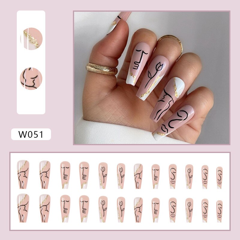 24pcs Douyin 2024 Nail Press on Long Ballet False Nails Extension Tip Reusable Adhesive Y2k Pink Black Sweet Cool Style Manicure W051 Abstract HandPa