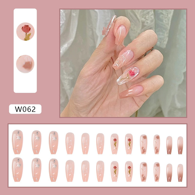 24pcs Douyin 2024 Nail Press on Long Ballet False Nails Extension Tip Reusable Adhesive Y2k Pink Black Sweet Cool Style Manicure W062 Watercolor Rose