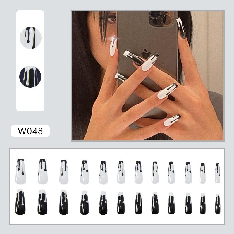 24pcs Douyin 2024 Nail Press on Long Ballet False Nails Extension Tip Reusable Adhesive Y2k Pink Black Sweet Cool Style Manicure W048 Black and White