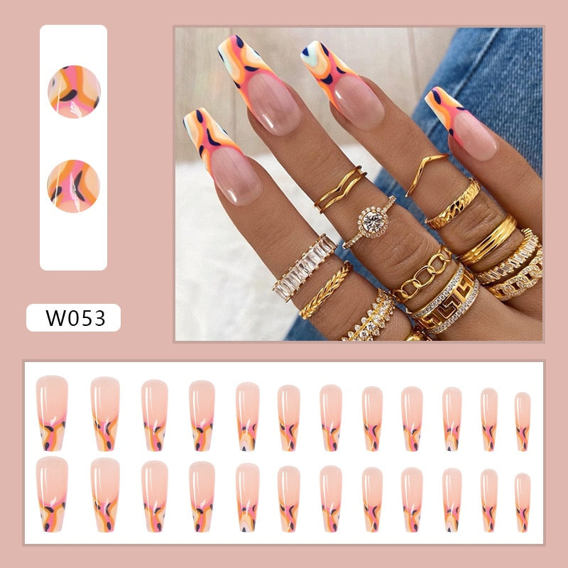 24pcs Douyin 2024 Nail Press on Long Ballet False Nails Extension Tip Reusable Adhesive Y2k Pink Black Sweet Cool Style Manicure W053 French HandPain