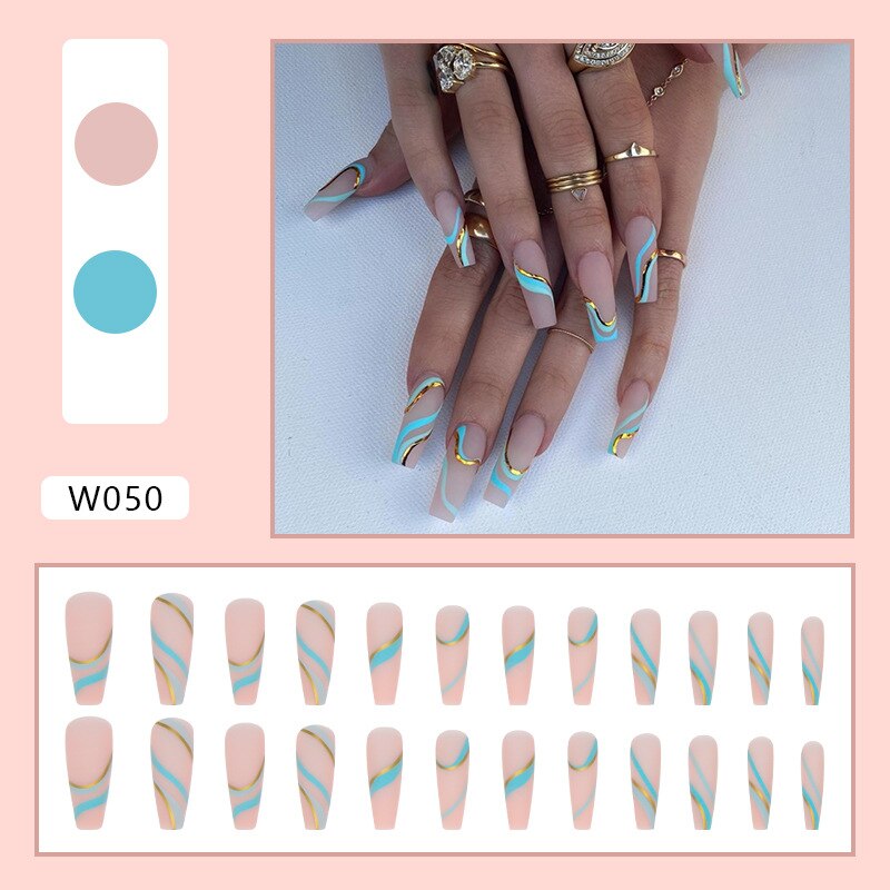 24pcs Douyin 2024 Nail Press on Long Ballet False Nails Extension Tip Reusable Adhesive Y2k Pink Black Sweet Cool Style Manicure W050 Golden Lines Gl