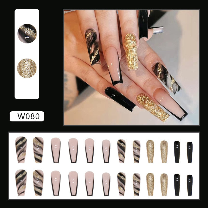 24pcs Douyin 2024 Nail Press on Long Ballet False Nails Extension Tip Reusable Adhesive Y2k Pink Black Sweet Cool Style Manicure W080 Shining Black G