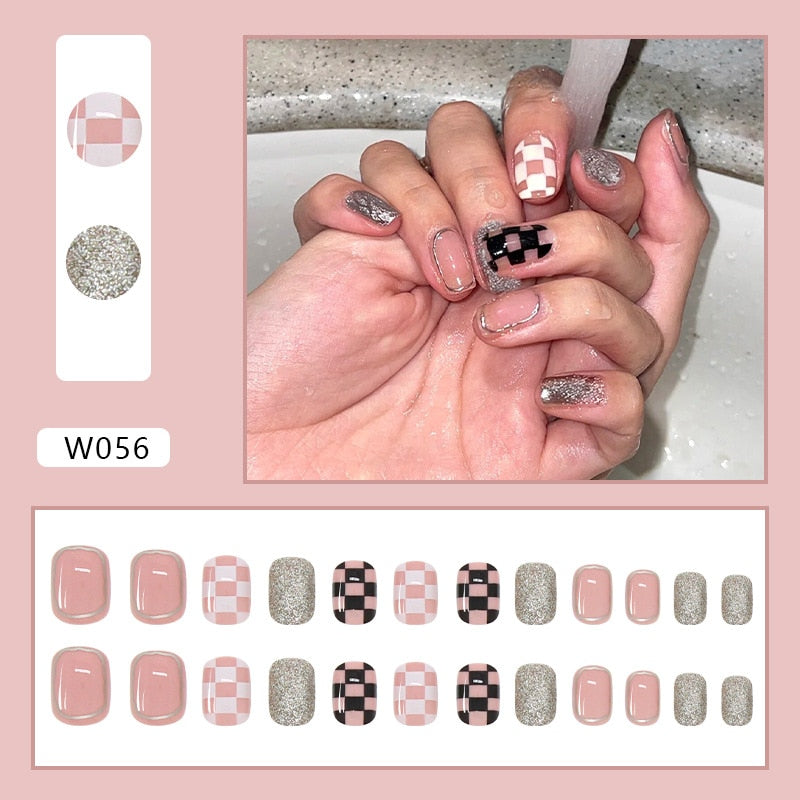 24pcs Douyin 2024 Nail Press on Long Ballet False Nails Extension Tip Reusable Adhesive Y2k Pink Black Sweet Cool Style Manicure W056 Pink Chessboard