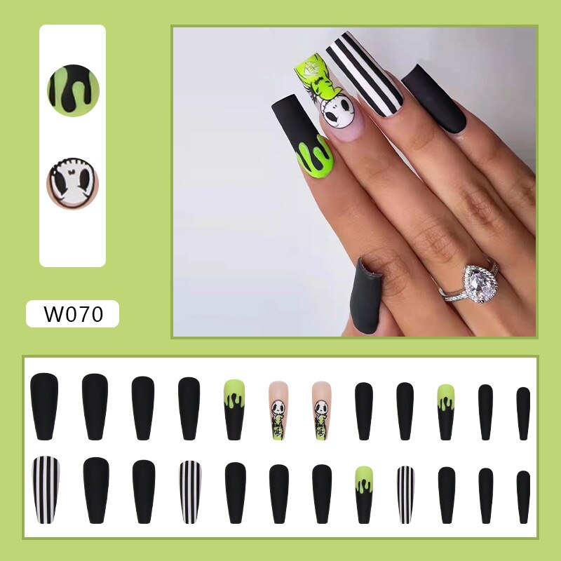 24pcs Douyin 2024 Nail Press on Long Ballet False Nails Extension Tip Reusable Adhesive Y2k Pink Black Sweet Cool Style Manicure W070 Black and White
