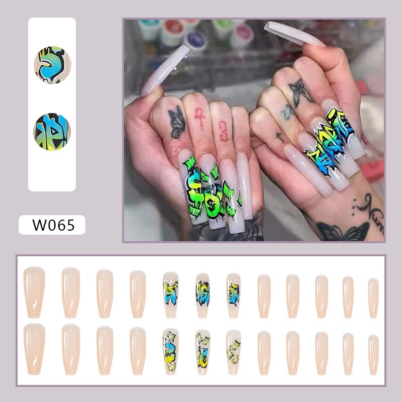 24pcs Douyin 2024 Nail Press on Long Ballet False Nails Extension Tip Reusable Adhesive Y2k Pink Black Sweet Cool Style Manicure W065 Exaggerated Gra