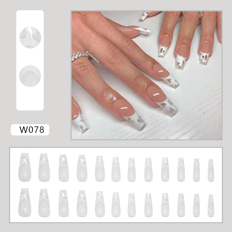 24pcs Douyin 2024 Nail Press on Long Ballet False Nails Extension Tip Reusable Adhesive Y2k Pink Black Sweet Cool Style Manicure W078 Abby I Love You