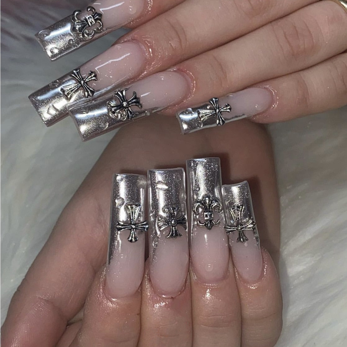 24pcs Fake Nails Press on Nails Y2k Korean False Nails Set Rhinestone Wearable Artificial Nails Reusable Long Coffin French Tips style15