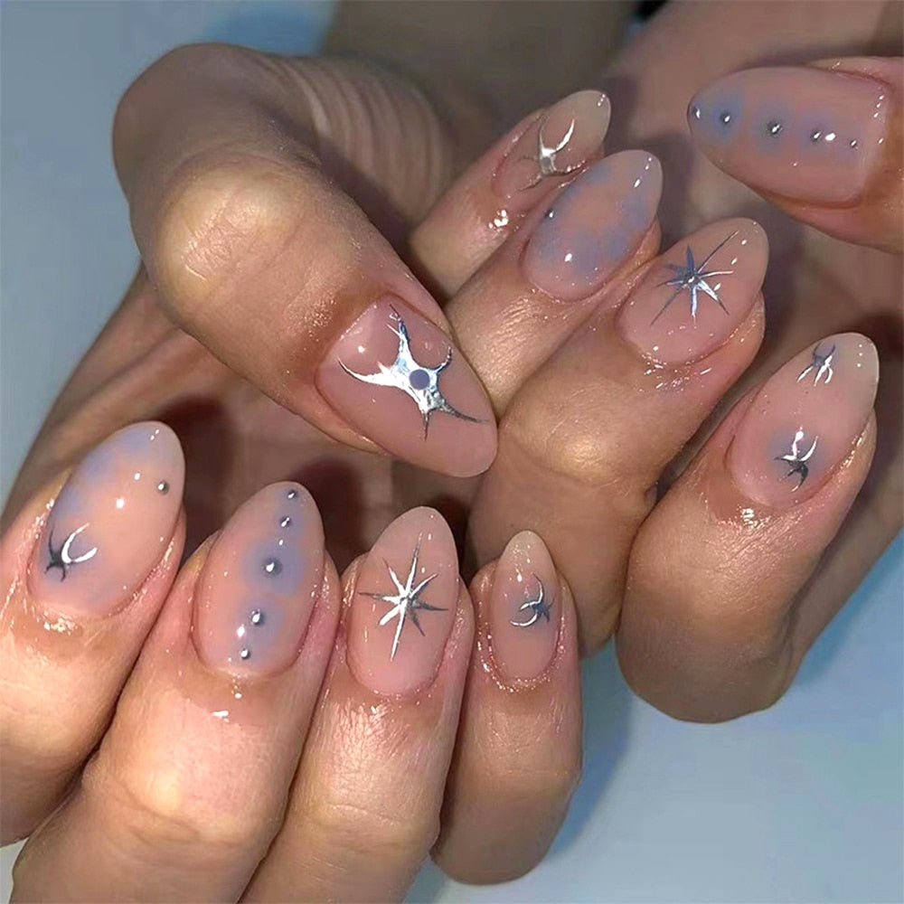 24pcs Fake Nails Press on Nails Y2k Korean False Nails Set Rhinestone Wearable Artificial Nails Reusable Long Coffin French Tips style3