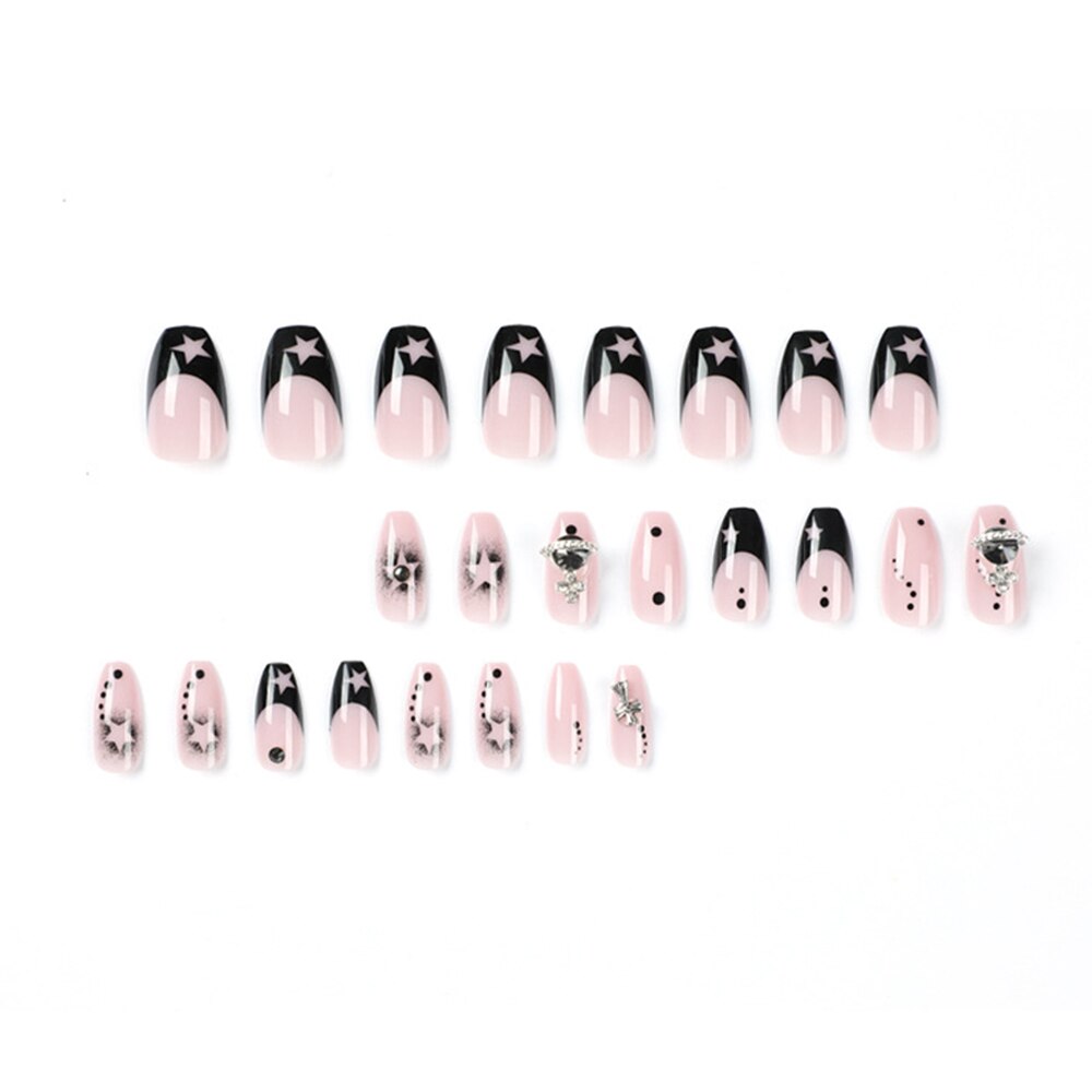 24pcs Fake Nails Press on Nails Y2k Korean False Nails Set Rhinestone Wearable Artificial Nails Reusable Long Coffin French Tips