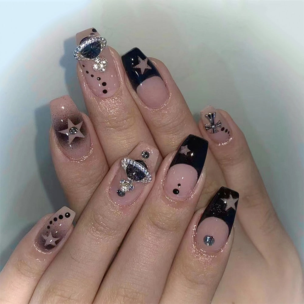 24pcs Fake Nails Press on Nails Y2k Korean False Nails Set Rhinestone Wearable Artificial Nails Reusable Long Coffin French Tips style1