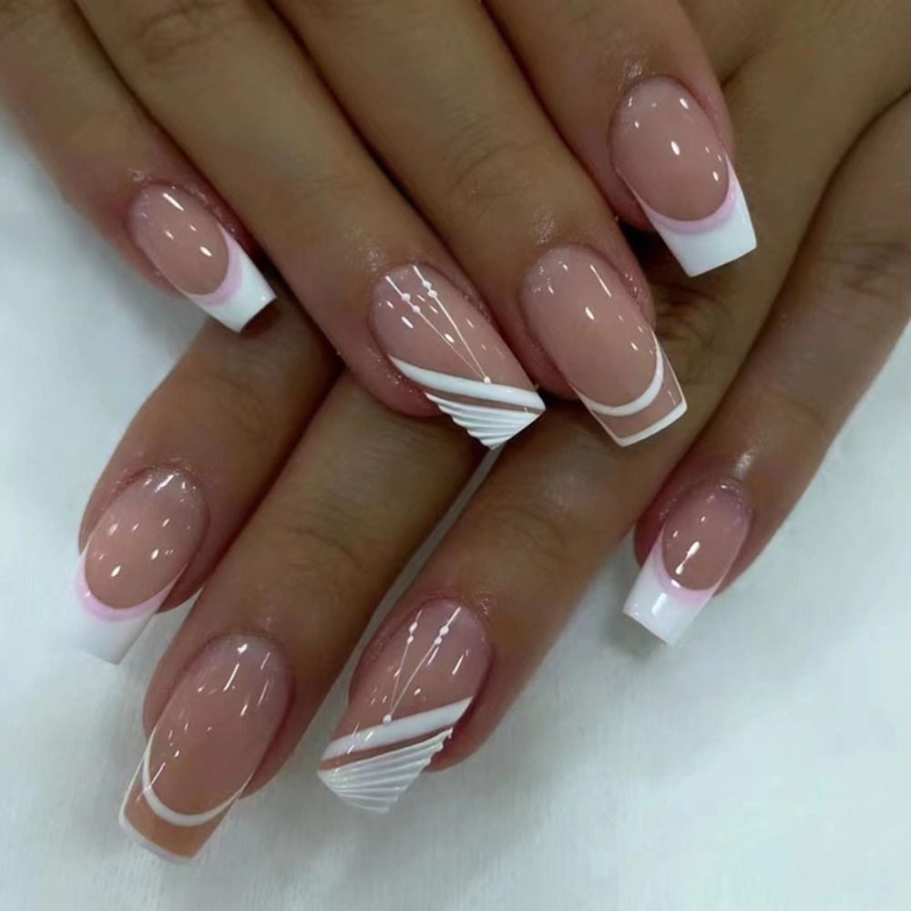 24pcs False Nail Full Cover Fake Nail Elegant Pink Gradient Glitter French Short Nails Coffin Short False Nail Press On Nails D9
