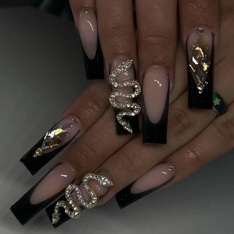 24pcs French rhinstones artifical nails with glue full cover fake nails detachable coffin false nail tips bling press on nails 2451