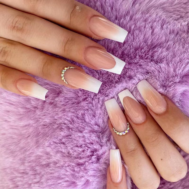 24pcs French rhinstones artifical nails with glue full cover fake nails detachable coffin false nail tips bling press on nails 454