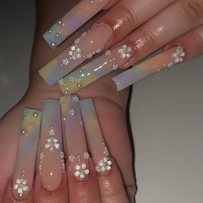 24pcs French rhinstones artifical nails with glue full cover fake nails detachable coffin false nail tips bling press on nails SGCY-113