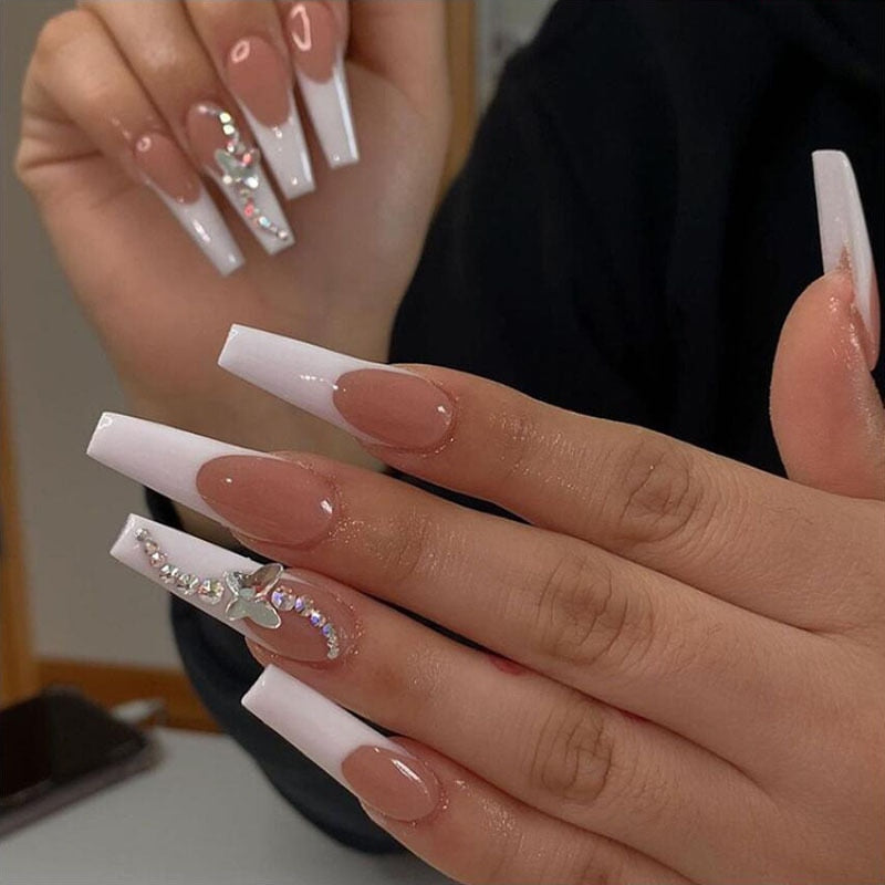 24pcs French rhinstones artifical nails with glue full cover fake nails detachable coffin false nail tips bling press on nails 377