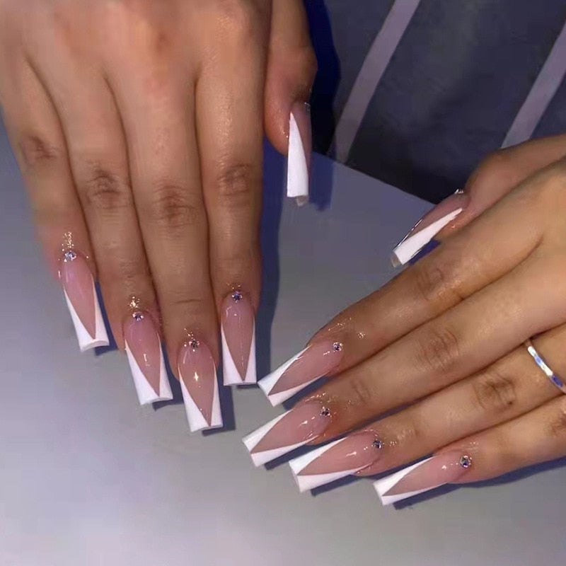24pcs French rhinstones artifical nails with glue full cover fake nails detachable coffin false nail tips bling press on nails 248