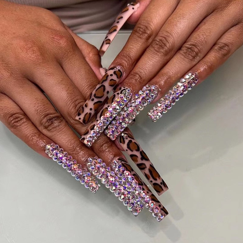 24pcs French rhinstones artifical nails with glue full cover fake nails detachable coffin false nail tips bling press on nails 2203