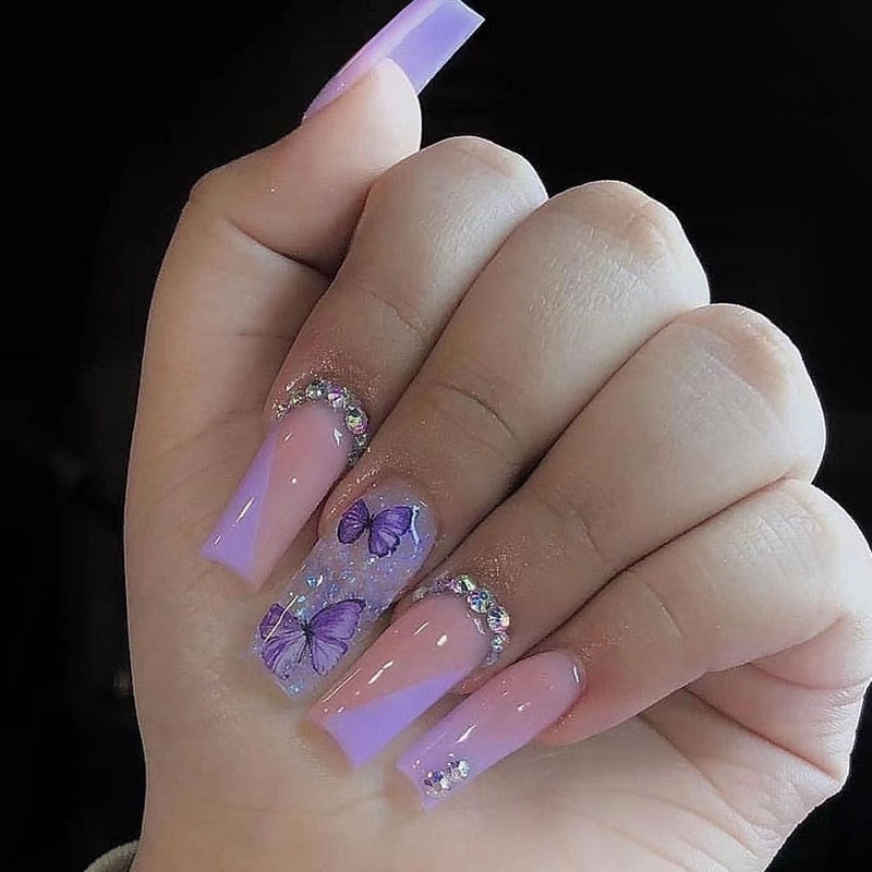 24pcs French rhinstones artifical nails with glue full cover fake nails detachable coffin false nail tips bling press on nails 560