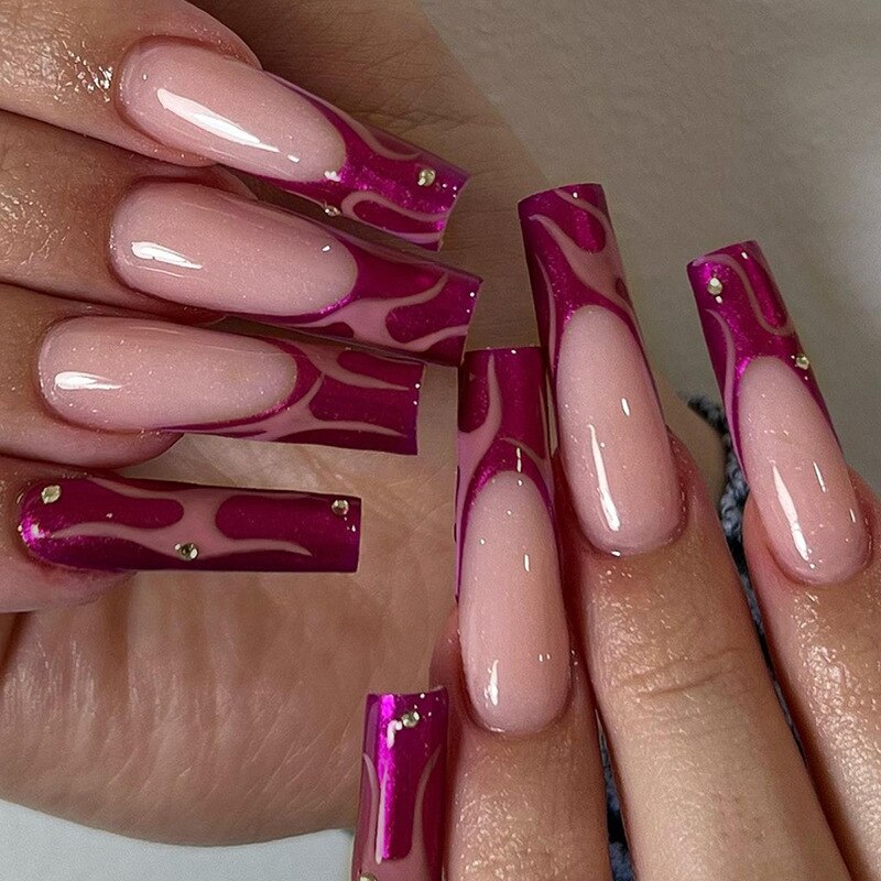 24pcs French rhinstones artifical nails with glue full cover fake nails detachable coffin false nail tips bling press on nails 703