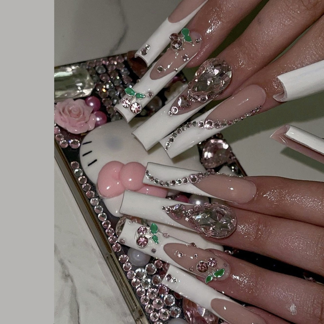 24pcs French rhinstones artifical nails with glue full cover fake nails detachable coffin false nail tips bling press on nails