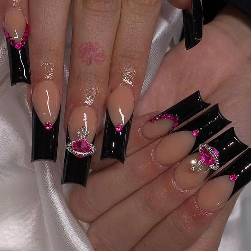 24pcs French rhinstones artifical nails with glue full cover fake nails detachable coffin false nail tips bling press on nails 1622