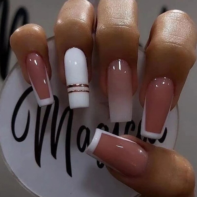 24pcs French rhinstones artifical nails with glue full cover fake nails detachable coffin false nail tips bling press on nails 243