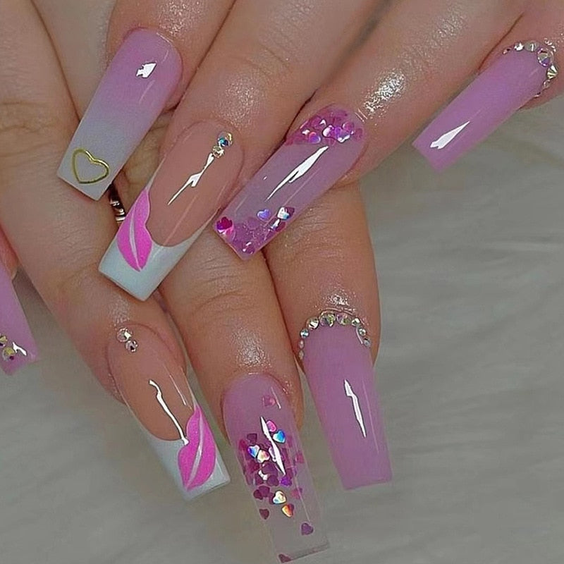 24pcs French rhinstones artifical nails with glue full cover fake nails detachable coffin false nail tips bling press on nails 705