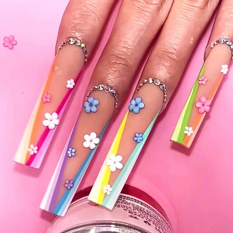 24pcs French rhinstones artifical nails with glue full cover fake nails detachable coffin false nail tips bling press on nails 085