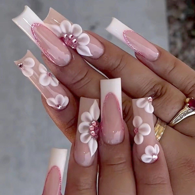 24pcs French rhinstones artifical nails with glue full cover fake nails detachable coffin false nail tips bling press on nails 680