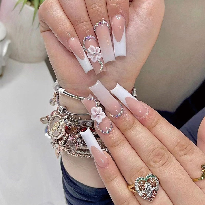 24pcs French rhinstones artifical nails with glue full cover fake nails detachable coffin false nail tips bling press on nails 1737
