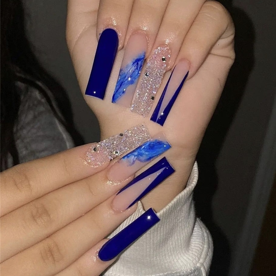 24pcs French rhinstones artifical nails with glue full cover fake nails detachable coffin false nail tips bling press on nails 439
