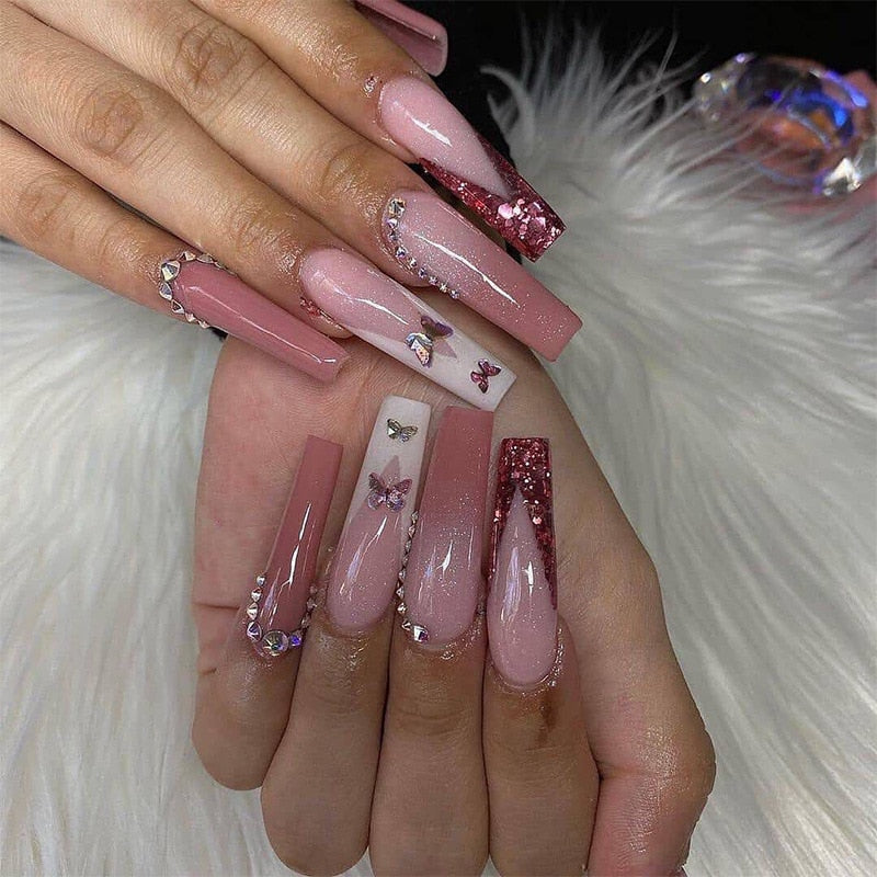 24pcs French rhinstones artifical nails with glue full cover fake nails detachable coffin false nail tips bling press on nails 1714