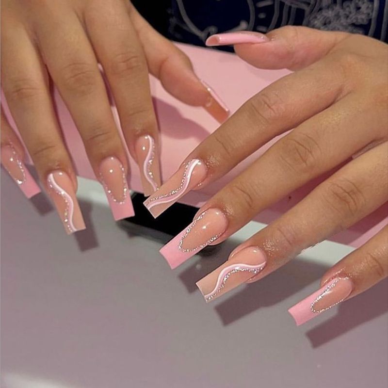 24pcs French rhinstones artifical nails with glue full cover fake nails detachable coffin false nail tips bling press on nails SGCY-96