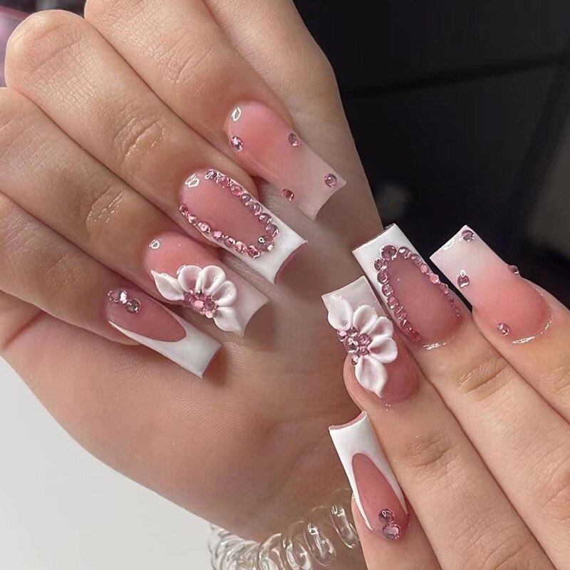 24pcs French rhinstones artifical nails with glue full cover fake nails detachable coffin false nail tips bling press on nails 645