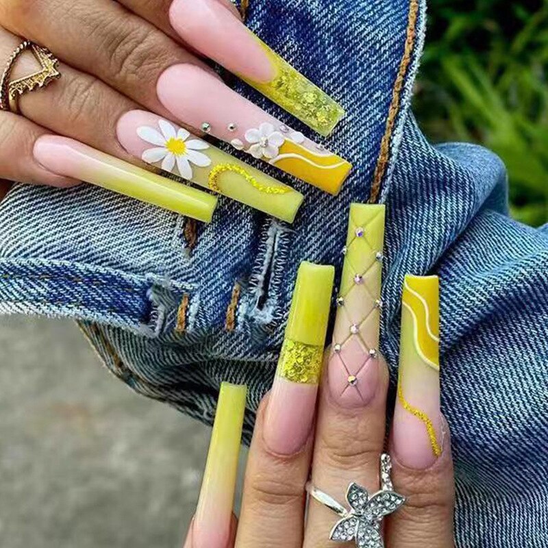 24pcs French rhinstones artifical nails with glue full cover fake nails detachable coffin false nail tips bling press on nails 223