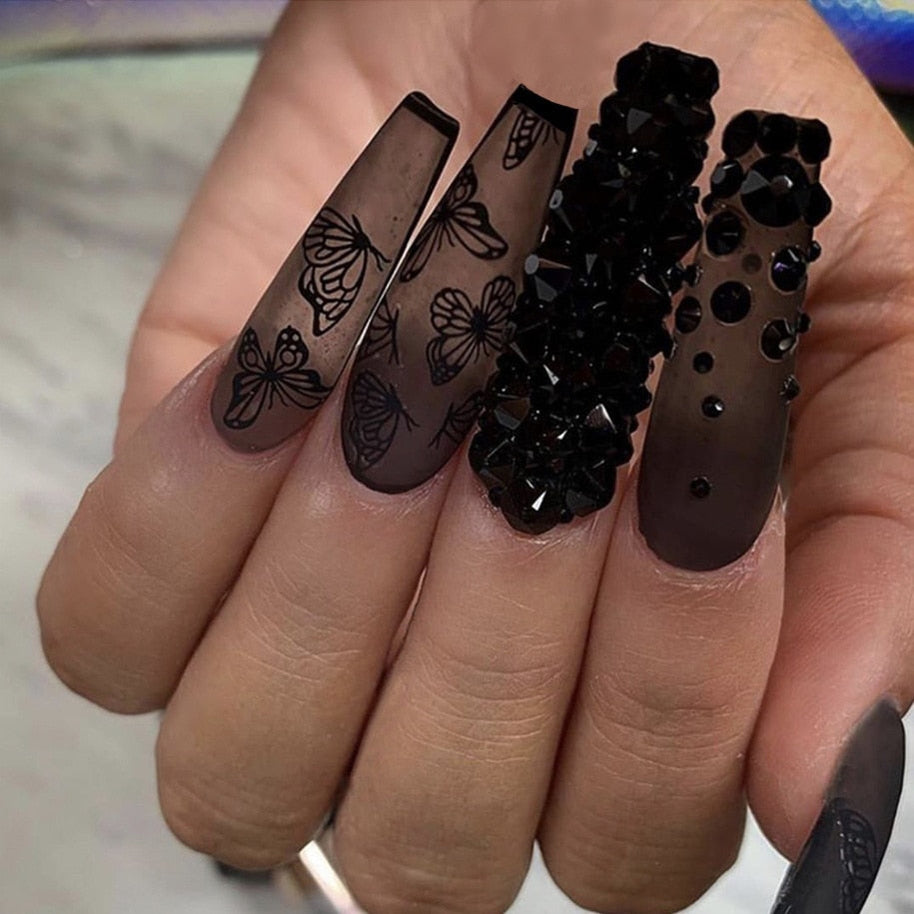 24pcs French rhinstones artifical nails with glue full cover fake nails detachable coffin false nail tips bling press on nails 309