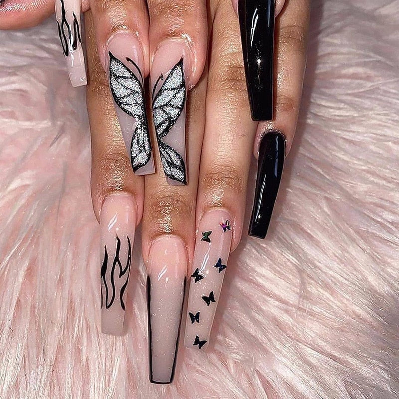 24pcs French rhinstones artifical nails with glue full cover fake nails detachable coffin false nail tips bling press on nails 1727