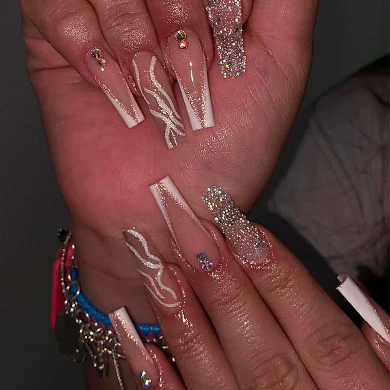 24pcs French rhinstones artifical nails with glue full cover fake nails detachable coffin false nail tips bling press on nails W042
