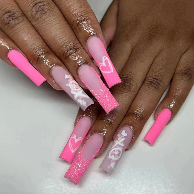 24pcs French rhinstones artifical nails with glue full cover fake nails detachable coffin false nail tips bling press on nails 543 1