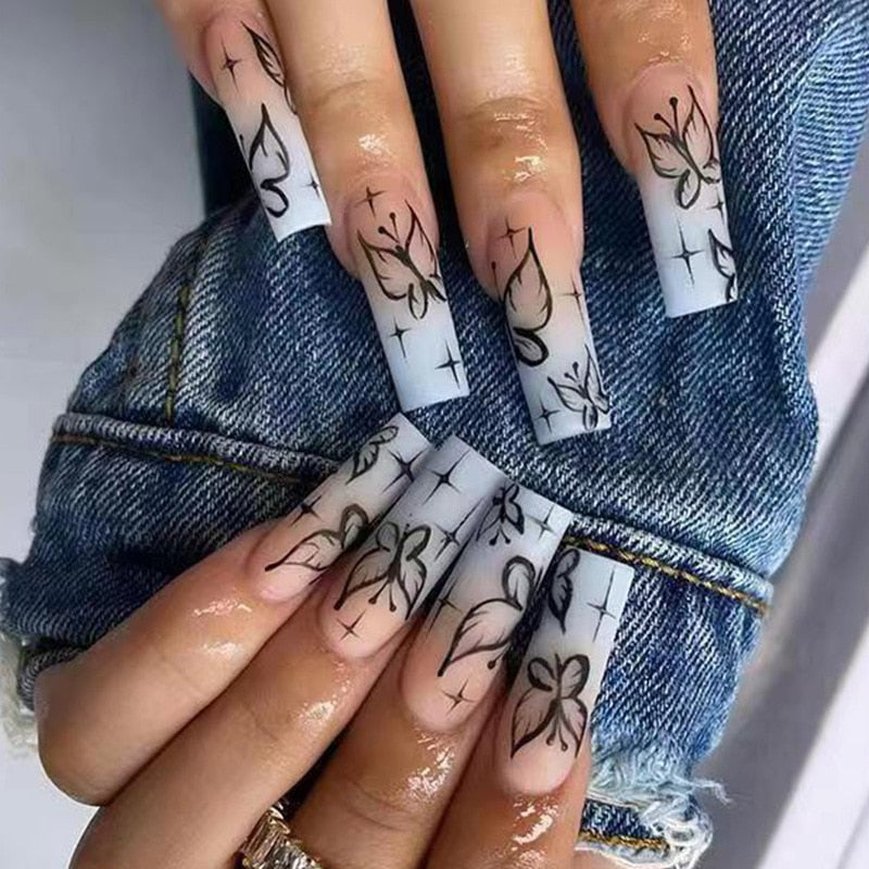 24pcs French rhinstones artifical nails with glue full cover fake nails detachable coffin false nail tips bling press on nails 128
