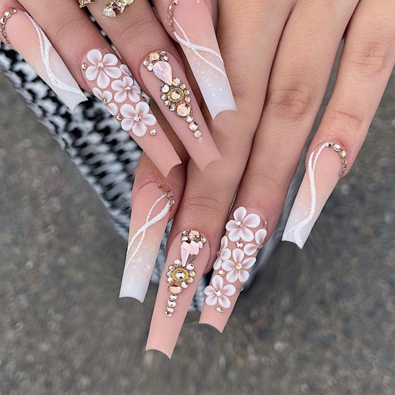 24pcs French rhinstones artifical nails with glue full cover fake nails detachable coffin false nail tips bling press on nails 704